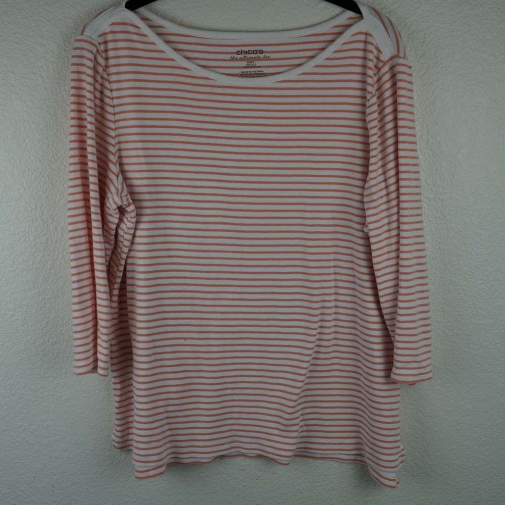 Chicos The Ultimate Tee Womens‎ Size 2 L Parisian Striped Long Sleeve Cotton Top